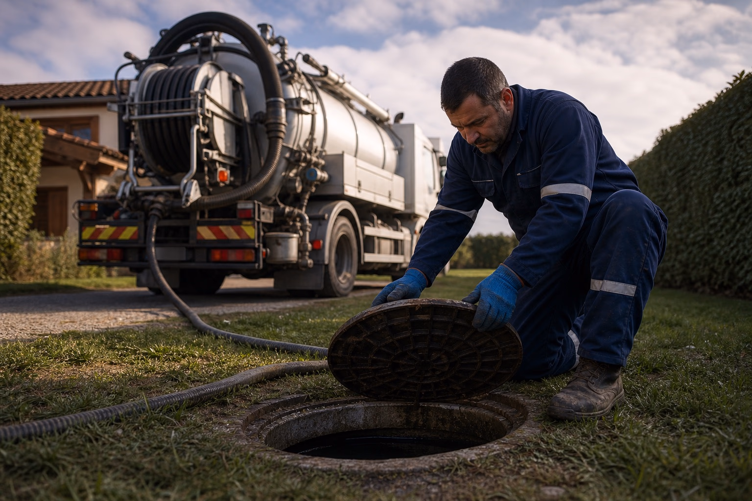 Technicien en combinaison ouvrant le regard de visite d'une fosse toutes eaux, camion hydrocureur en arrière-plan dans le jardin d'une maison près de Toulouse