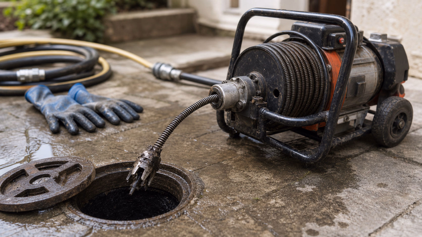Furet électrique professionnel posé près d'un regard de canalisation ouvert dans une cour, gants de chantier et tuyau hydrocureur en arrière-plan