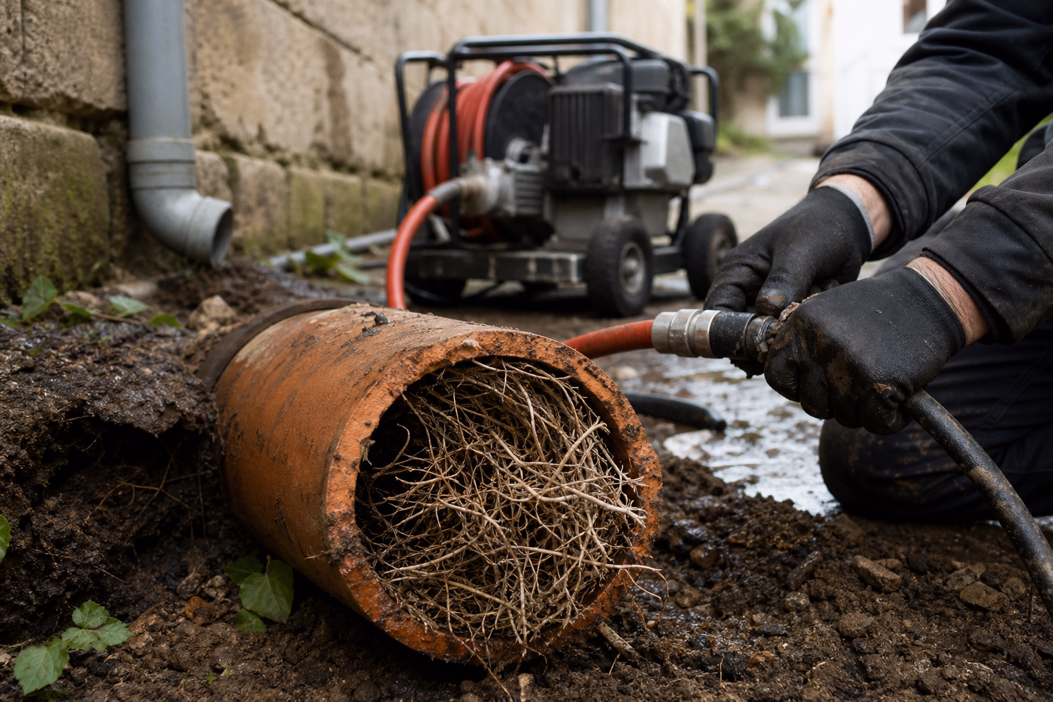 Canalisation en terre cuite ouverte sur un chantier extérieur laissant apparaître un enchevêtrement de racines blanches, équipement d&#39;hydrocurage en arrière-plan