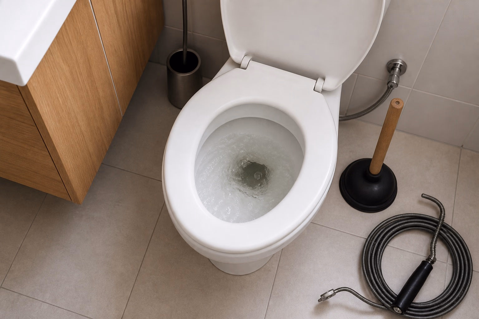 Cuvette de WC bouchée vue de dessus dans une salle de bain claire, ventouse posée à côté sur le carrelage