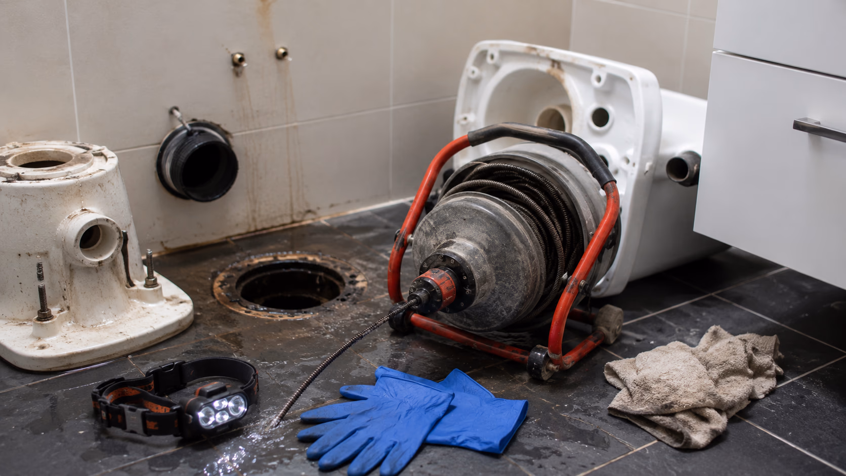 Furet électrique professionnel posé près d'une cuvette de WC démontée, avec gants nitrile bleus et lampe frontale