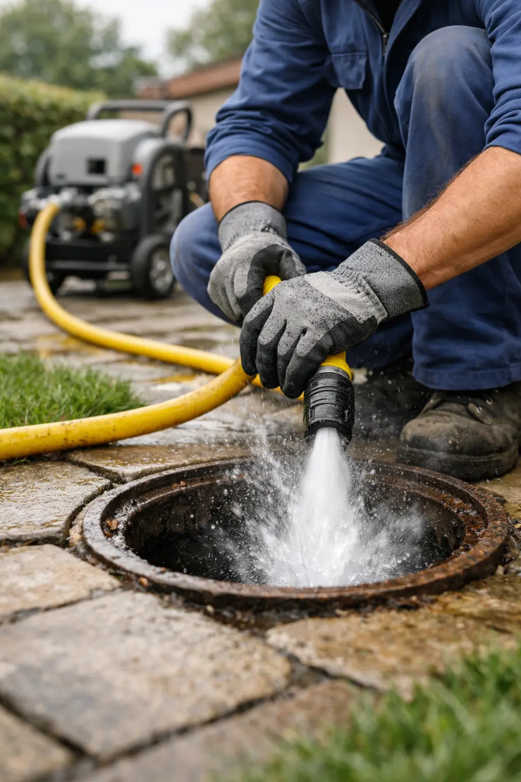 Technicien professionnel réalisant un débouchage haute pression sur une canalisation extérieure, compresseur haute pression visible à l'arrière-plan