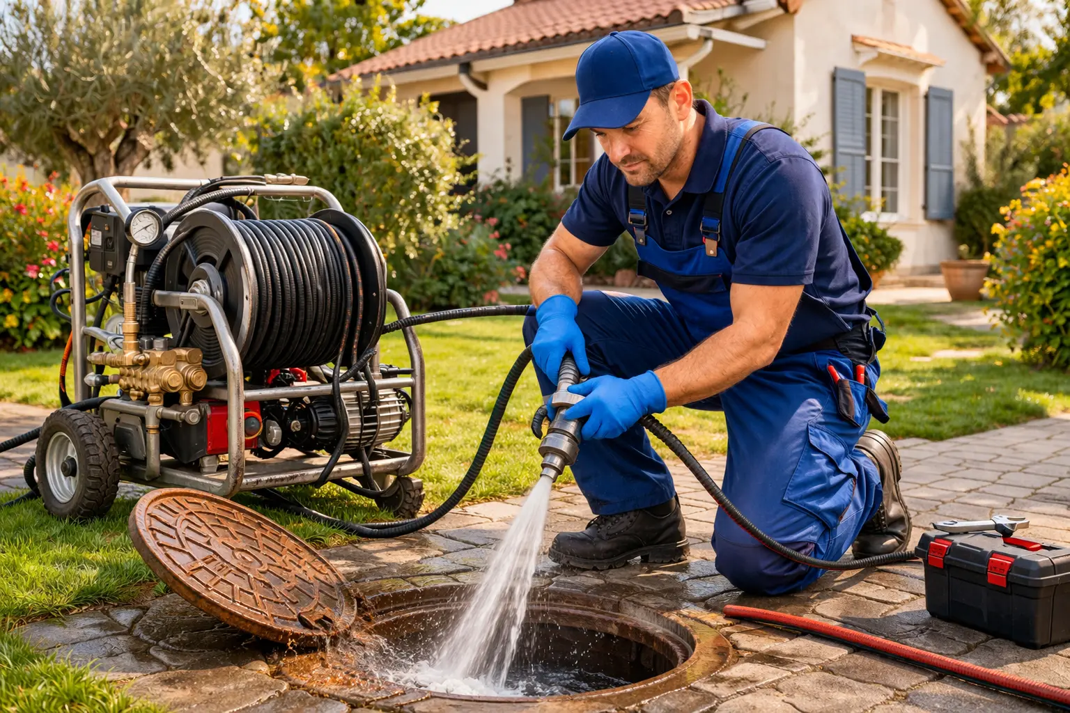 Technicien débouchant une canalisation extérieure avec hydrocurage